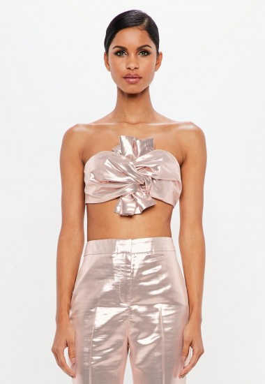 MISSGUIDED peace + love pink metallic bow detail crop top – luxe style going out tops