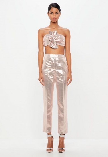 peace + love pink metallic tailored trousers – shiny crop leg pants – luxe style fashion - flipped