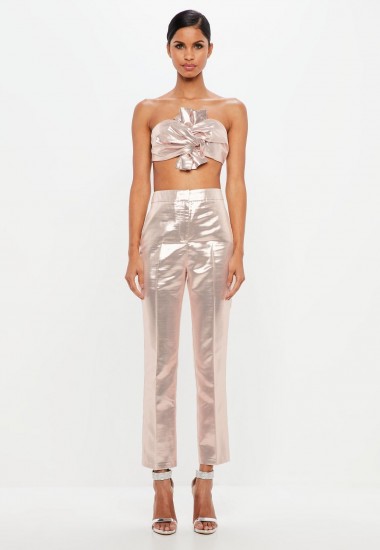 peace + love pink metallic tailored trousers – shiny crop leg pants – luxe style fashion
