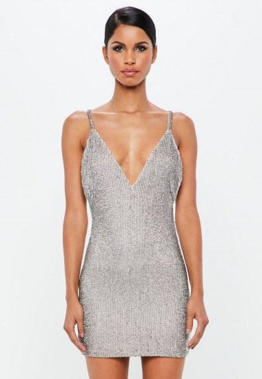 peace + love silver embellished bodycon mini dress – strappy plunge front party dresses - flipped