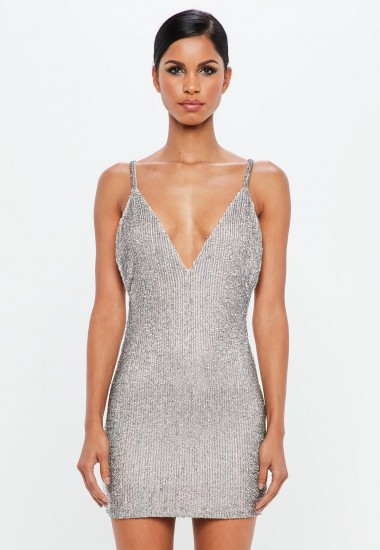 peace + love silver embellished bodycon mini dress – strappy plunge front party dresses