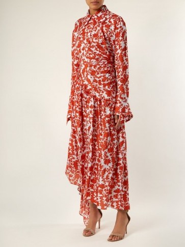 PREEN BY THORNTON BREGAZZI Petunia red floral-print asymmetric dress ~ side ruched dresses - flipped