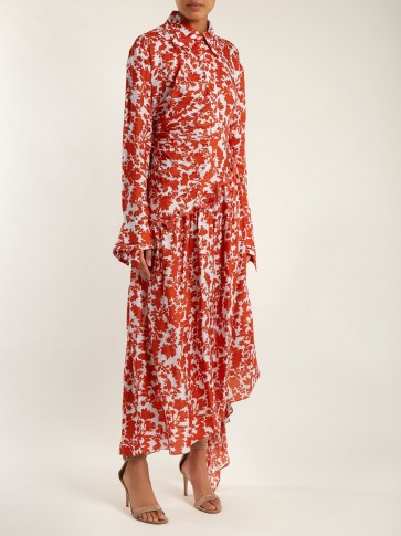 PREEN BY THORNTON BREGAZZI Petunia red floral-print asymmetric dress ~ side ruched dresses