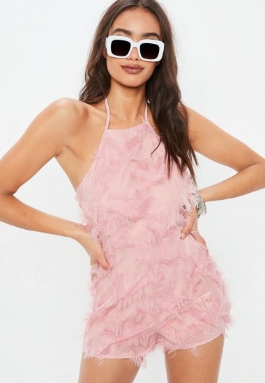 MISSGUIDED pink feather cami playsuit – fluffy playsuits - flipped