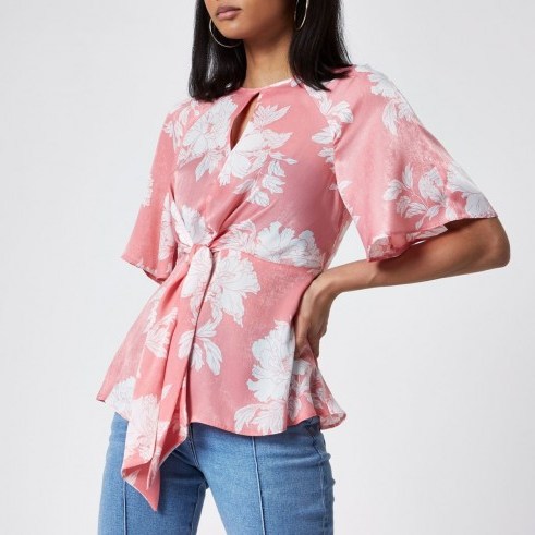 River Island Pink floral print tie front frill hem blouse ~ open back blouses - flipped