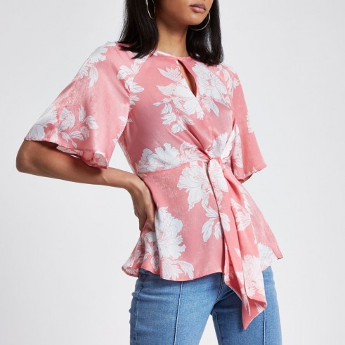 River Island Pink floral print tie front frill hem blouse ~ open back blouses