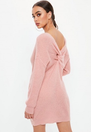 Missguided pink fluffy twist back dress | knitted sweater dresses - flipped