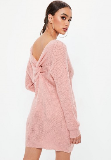 Missguided pink fluffy twist back dress | knitted sweater dresses