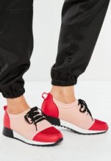 Missguided pink front strap lace up runner trainers | colour block sneakers