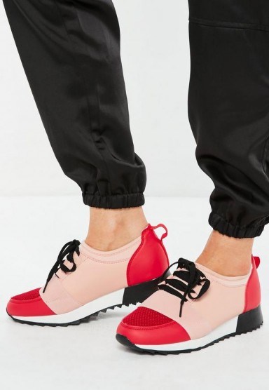 Missguided pink front strap lace up runner trainers | colour block sneakers - flipped