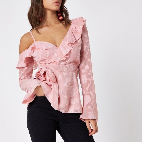 River Island Pink jacquard cold shoulder wrap front blouse – ruffled blouses - flipped