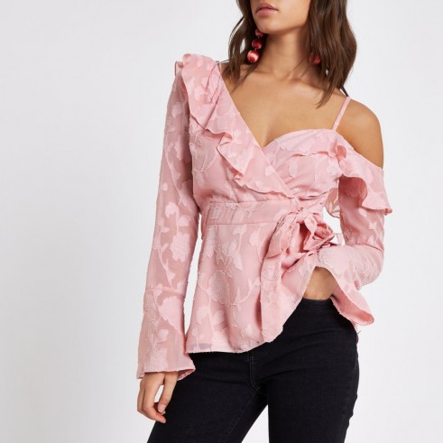 River Island Pink jacquard cold shoulder wrap front blouse – ruffled blouses