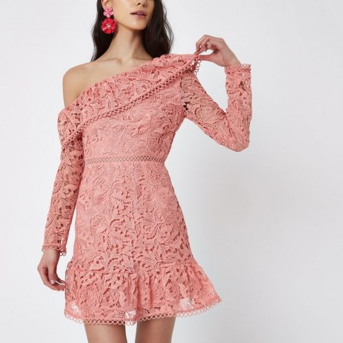 River Island Pink lace one shoulder frill occasion dress ~ ruffle trim party dresses - flipped