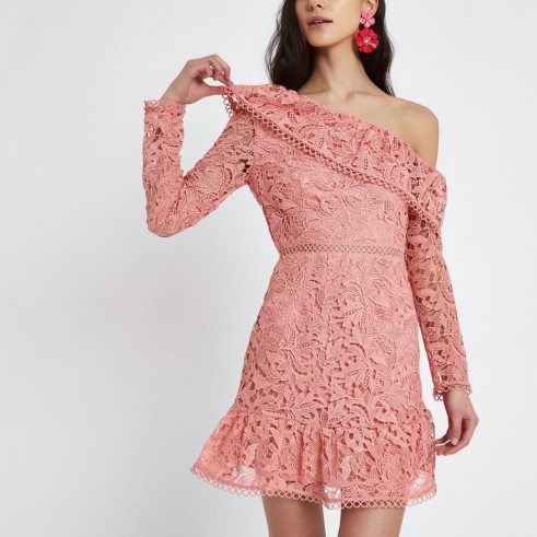 River Island Pink lace one shoulder frill occasion dress ~ ruffle trim party dresses