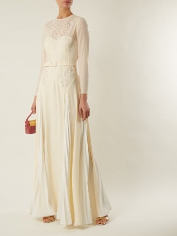 SELF-PORTRAIT Pleated-skirt belted crepe dress ~ fluid ivory event dresses - flipped