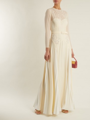 SELF-PORTRAIT Pleated-skirt belted crepe dress ~ fluid ivory event dresses