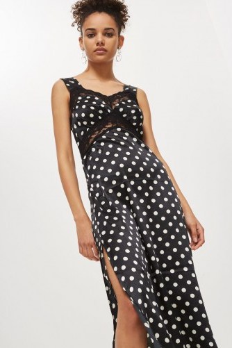 Topshop Polka Dot Lace Satin Slip Dress | black spot cami dresses - flipped