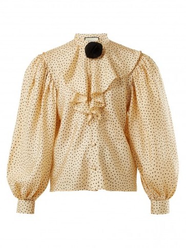 GUCCI Polka-dot print silk-twill balloon sleeve shirt ~ romantic beige blouses - flipped