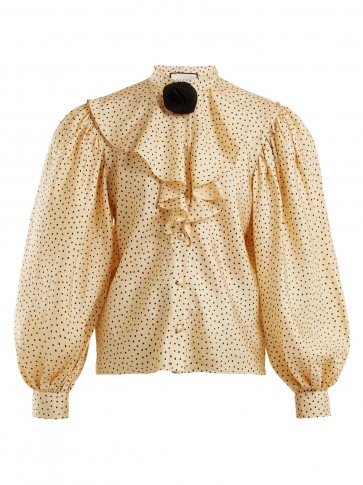 GUCCI Polka-dot print silk-twill balloon sleeve shirt ~ romantic beige blouses