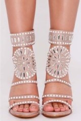 IN THE STYLE POP NUDE FAUX SUEDE EMBELLISHED CAGED HEEL SANDALS – luxe heels
