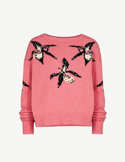 PRADA Orchid intarsia-motif cashmere jumper / pink floral sweaters / designer knitwear - flipped