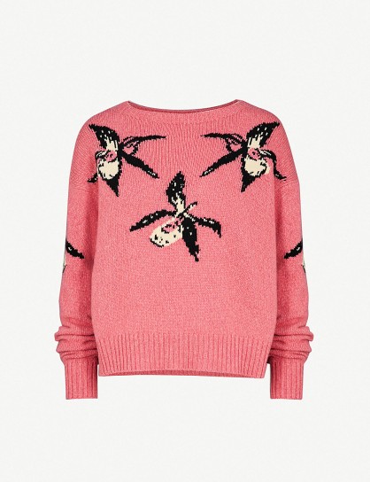 PRADA Orchid intarsia-motif cashmere jumper / pink floral sweaters / designer knitwear