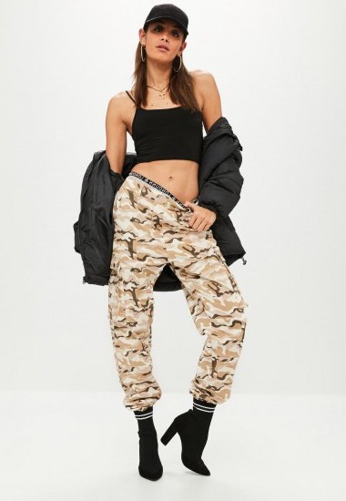 MISSGUIDED premium beige camo printed cargo trousers / camouflage pants - flipped