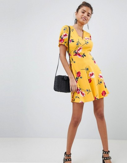 PrettyLittleThing Floral Lace Up Detail Dress – yellow fit and flare dresses