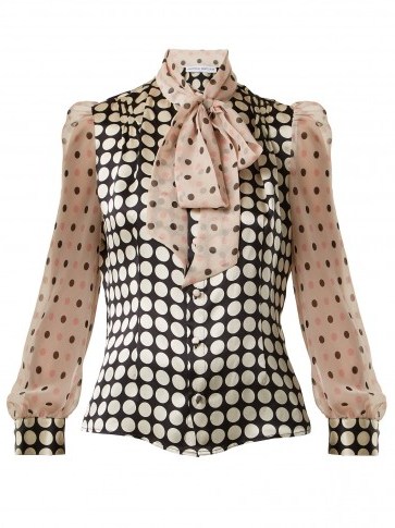 EDELTRUD HOFMANN Pussy-bow contrast-panel polka-dot silk blouse | vintage style high neck puff sleeve blouses - flipped