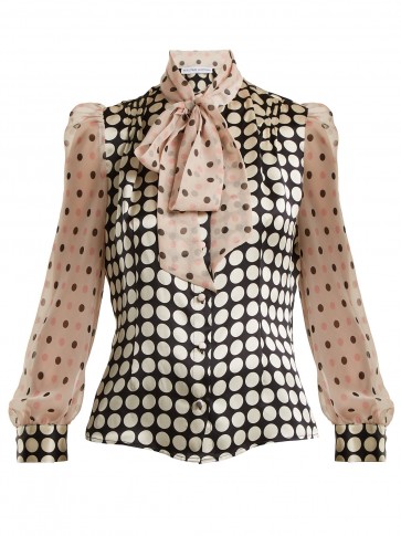 EDELTRUD HOFMANN Pussy-bow contrast-panel polka-dot silk blouse | vintage style high neck puff sleeve blouses