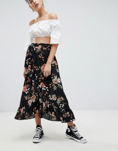 Reclaimed Vintage Inspired Floral Wrap Midi Skirt | black ruffle trim skirts - flipped