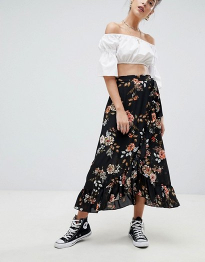 Reclaimed Vintage Inspired Floral Wrap Midi Skirt | black ruffle trim skirts