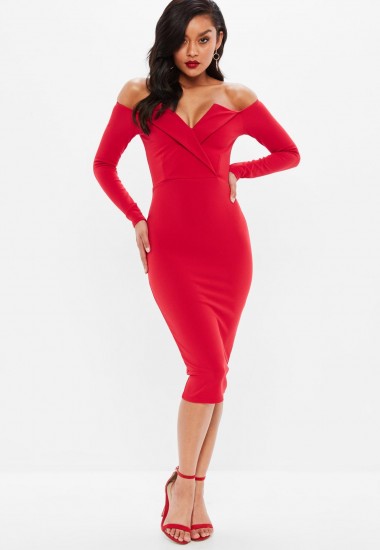 Missguided red fold over bardot midi dress | off shoulder bodycon dresses