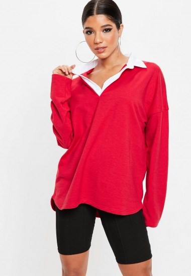 Missguided red oversized rugby tunic top – slouchy tops – sporty fashion - flipped