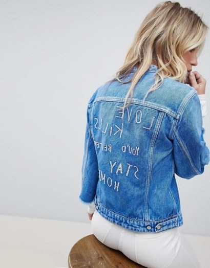 Replay Collarless Denim Jacket with Raw Hem Sleeve and Embroidery | slogan jackets - flipped