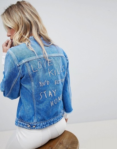 Replay Collarless Denim Jacket with Raw Hem Sleeve and Embroidery | slogan jackets