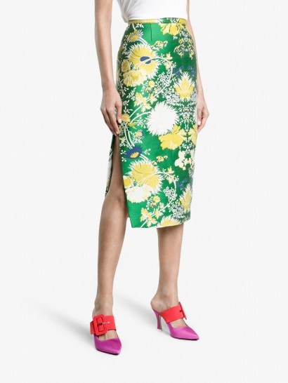 Rochas Jacquard Lurex Pencil Skirt / green floral skirts - flipped