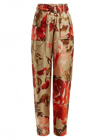 BY. BONNIE YOUNG Rose-print high-rise silk trousers ~ beige and red floral printed pants
