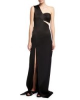 Rosetta Getty One-Shoulder Satin Column Gown / black special event cut-out gowns / evening elegance