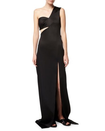 Rosetta Getty One-Shoulder Satin Column Gown / black special event cut-out gowns / evening elegance - flipped