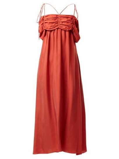 ISA ARFEN Ruched-detail square-neck silk dress ~ strappy red empire line dresses - flipped