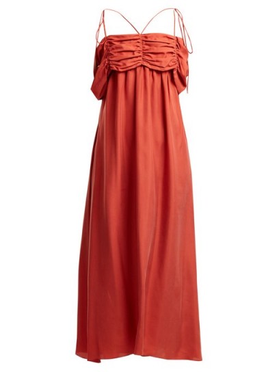 ISA ARFEN Ruched-detail square-neck silk dress ~ strappy red empire line dresses