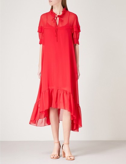 SANDRO Frilled collar chiffon midi dress – red frill trimmed dresses - flipped