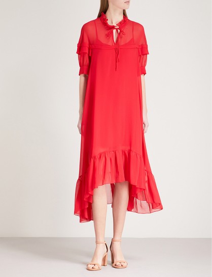 SANDRO Frilled collar chiffon midi dress – red frill trimmed dresses