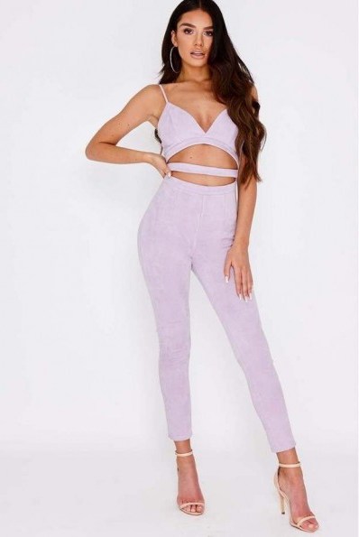SARAH ASHCROFT LILAC FAUX SUEDE CUT OUT JUMPSUIT ~ fitted strappy jumpsuits - flipped