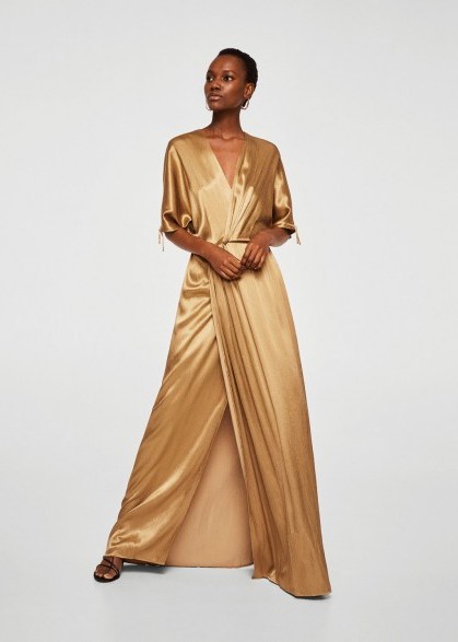 MANGO Gold Satin Gown | long luxe dresses - flipped