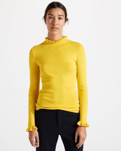 JIGSAW SILK COTTON FRILL NECK JUMPER in PRIMROSE / yellow ruffle trim jumpers / spring knitwear - flipped