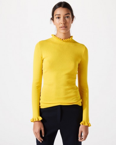 JIGSAW SILK COTTON FRILL NECK JUMPER in PRIMROSE / yellow ruffle trim jumpers / spring knitwear