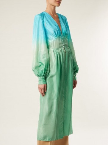 ATTICO Silk-habotai balloon-sleeved shirtdress ~ luxe green and blue ombre shirts dresses - flipped