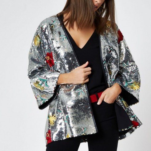 River Island Silver floral sequin embellished kimono ~ metallic jackets - flipped